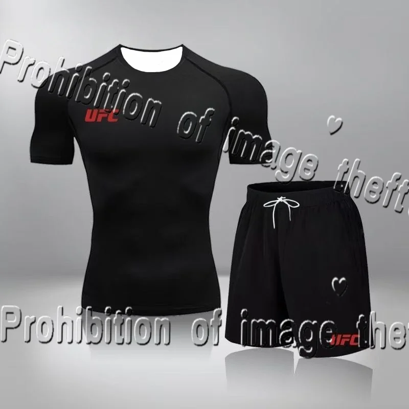 

UFC Fighting Boxing, черные мужские минималистичные спортивные шорты с короткими рукавами, комплект из 2 предметов, быстросохнущая спортивная одежда