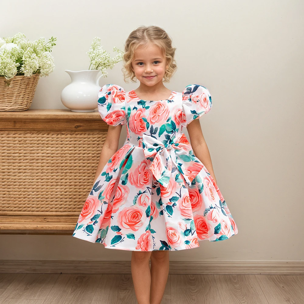 HETISO Flower Baby Girl Dress Cotton Casual Kids Clothes Girls Birthday Party Dresses Rose Printed Summer One-piece 2-10 Years