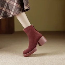 New Winter Ankle Boots Round Toe Boots Cow Suede Women Shoes Chunky Heels Shoes for Women Thermal Wool Boots Platform Shoes