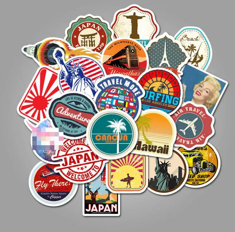 10/30/50pcs Retro Fashion Travel Tour Graffiti Decals Stickers  Skateboard Travel Suitcase  Pencil  Cases  Phone Laptop Stickers