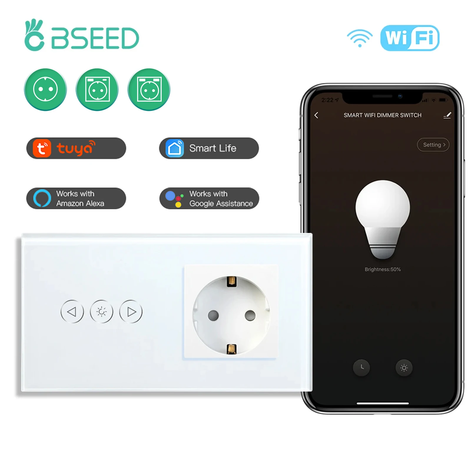 BSEED Wifi Dimmer Switches USB EU Socket Without Wifi Led Dimmerable Light Switch Smart Wall Touch Switch Google Alexa Tuya App