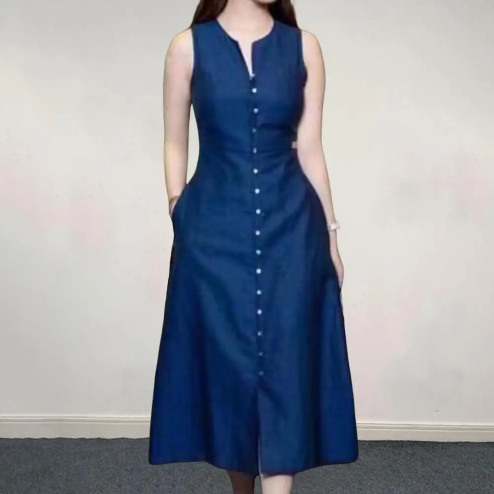Women Summer Dress Single-breasted Sleeveless Solid Color Pockets Buttons A-line Mid-calf Length V Neck Tight Waist Lady Midi Dr