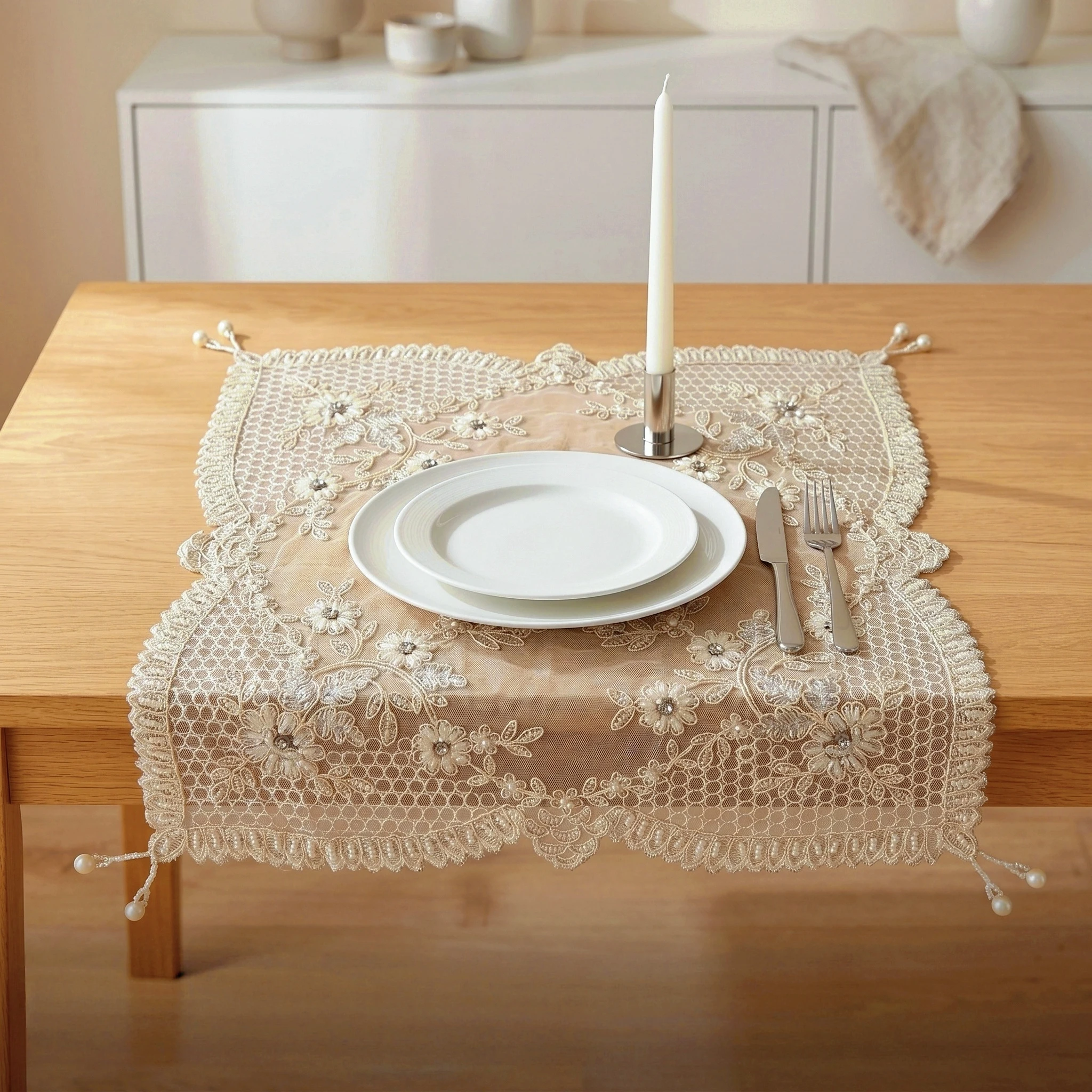 2pcs Vintage Lace Table Cloth With Pearl Beads Breakfast Placemat Sets Wedding Party Table Decor Home Furniture Dust Cover view 4