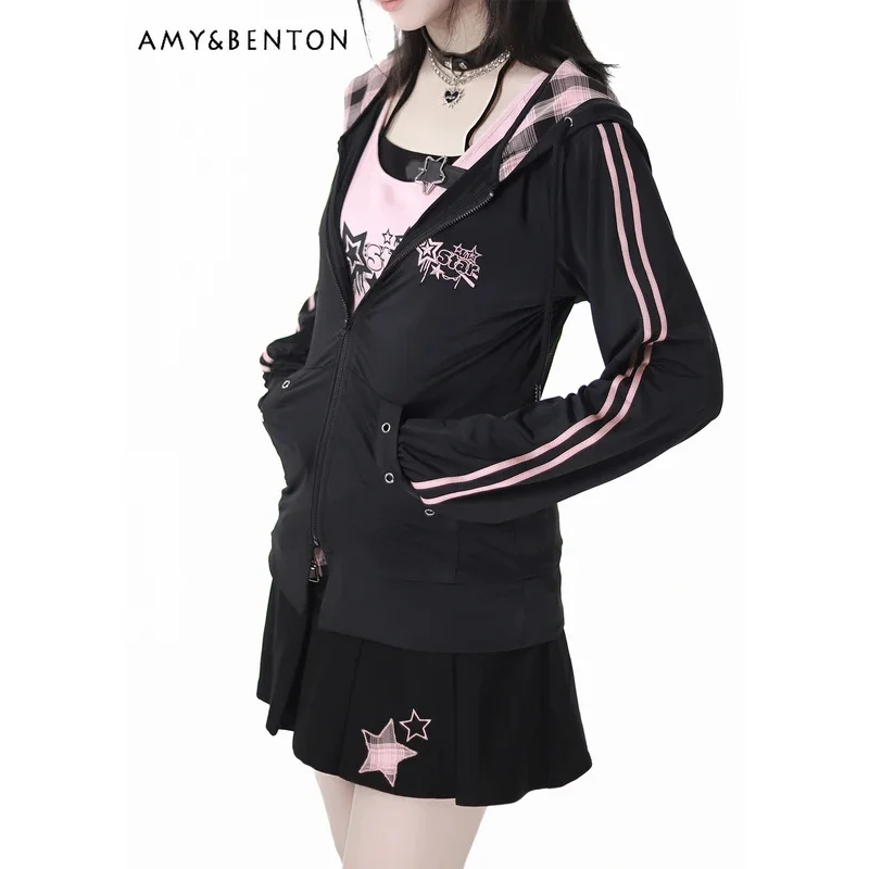 25COSSummer New Spice Girl Nero e Rosa Splicing Y2K Abiti Dolce Halter Slim Bretella Plaid Splicing Gonna a pieghe Due pezzi