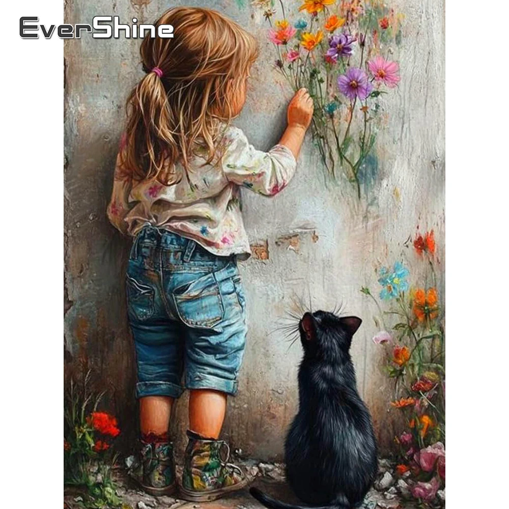 Evershine Vollquadrat Diamant Mosaik Mädchen Kreuzstich Diamant Malerei Katze 5D DIY Kit Stickerei Blume Kind Hobby