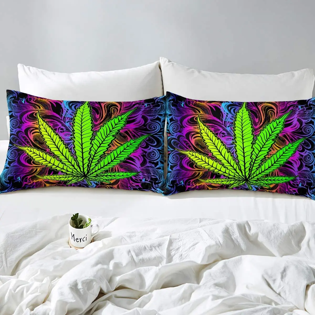 Marijuana Weed Leaf Bed Sheet Set Set,Cannabis Fitted Sheets Bedding Set Cannabis Vibrant Green Colorful Printed Bed Sheet Set