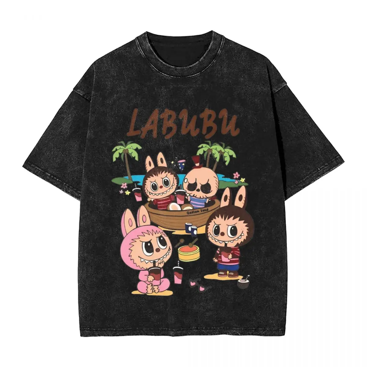 Labubu Picnic Lovely Monster Washed T-Shirt Man Vintage Casual T Shirts Summer O Neck Hippie Tee Shirt Design Big Size Clothes