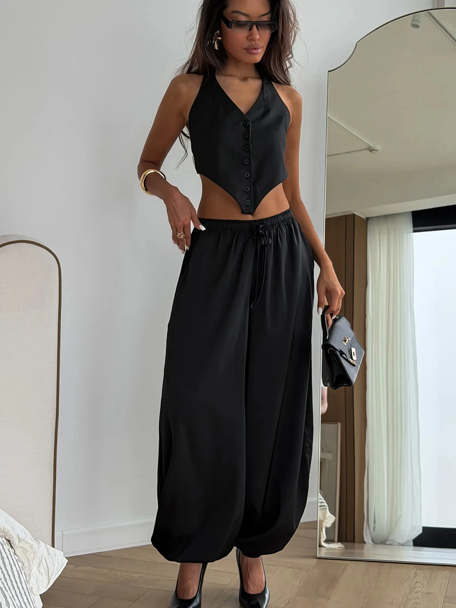 2026 Summer Women Harem Pants High Waist Drawstring Loose Wide Leg Trousers Green Casual Beach Vacation Outfit