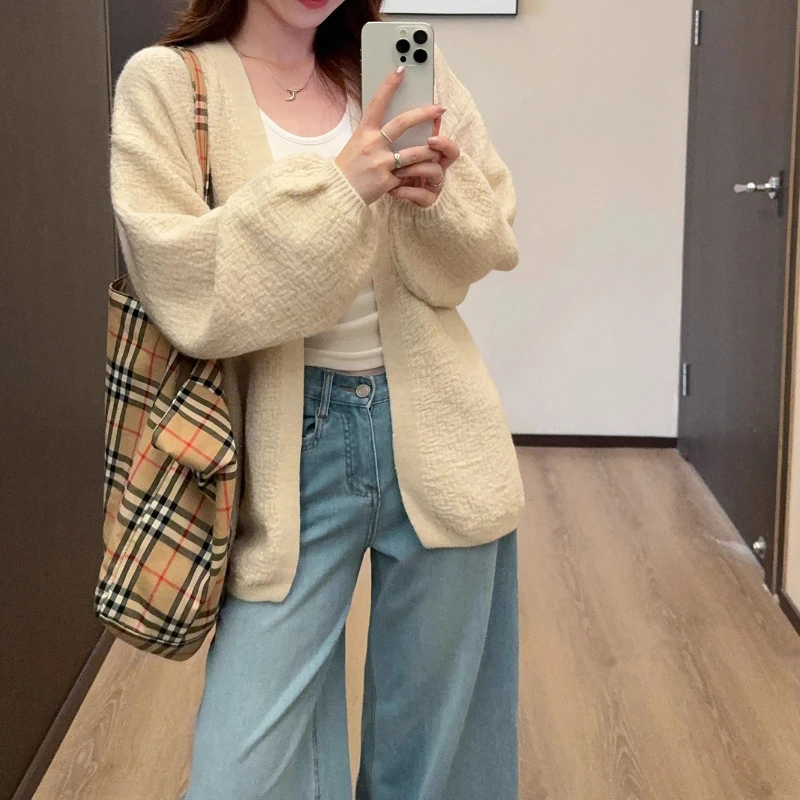 Autumn and Winter New Style Fashionable Versatile Loose Mid-length Puff Sleeve Knitted Jacket for Women