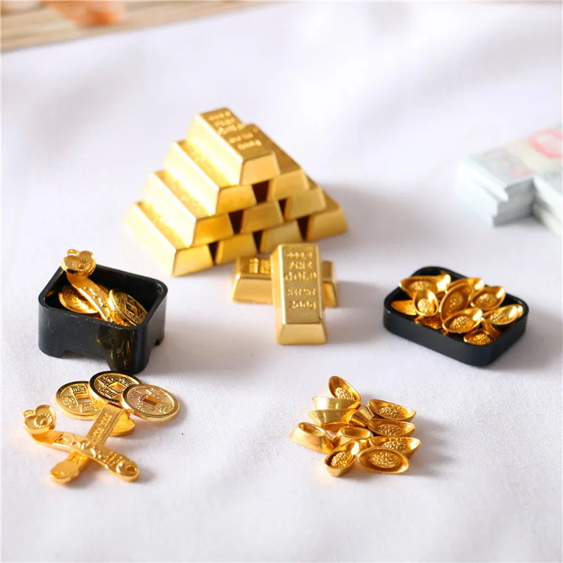 10PCS Dollhouse Accessories Mini Simulation Gold Ingot Gold Bar Fortune Coin Feng Shui Dollhouse Pretend Play Toy Decor Ornament