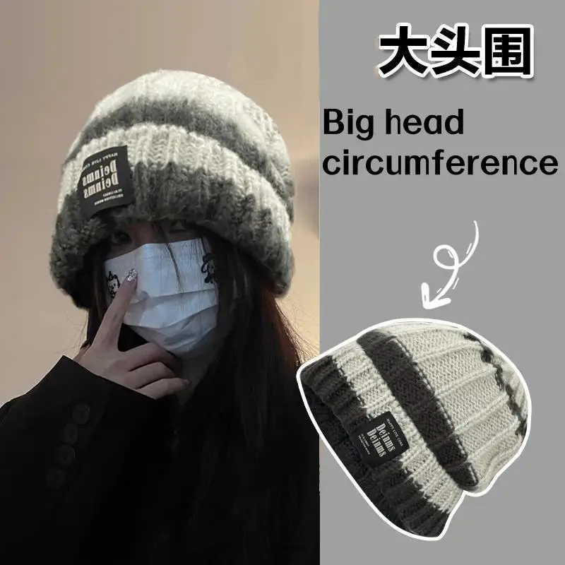 

Loose Woolen Hat Winter Slouchy Hats Beanies Cap Women Thicken Hat Knitted Beanies Striped Knitted Hat Unisex Soft Bonnet
