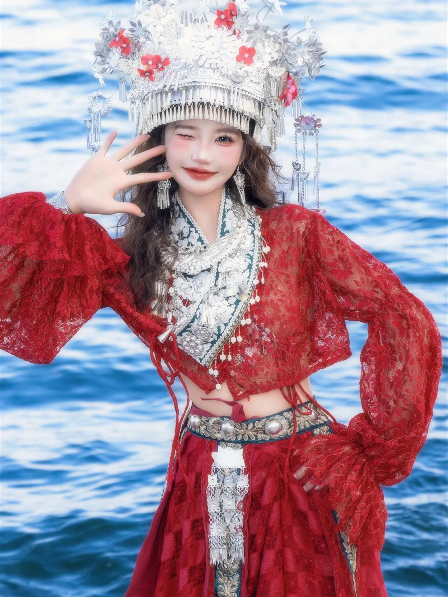 

Red Ethnic Minori Girl's Clothing Photoaphy Costume Travel oot Vintage Foreign Sle Yuxi Girl's Traditional Costume