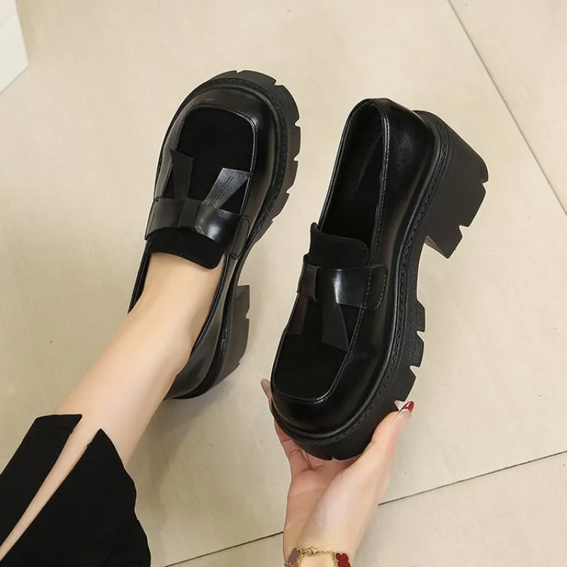 Women's Platform Loafers Round Toe Chunky Block Mid Heel Slip on Mixed Texture Suede Look Bow Decor Casual Everyday Work Shoes