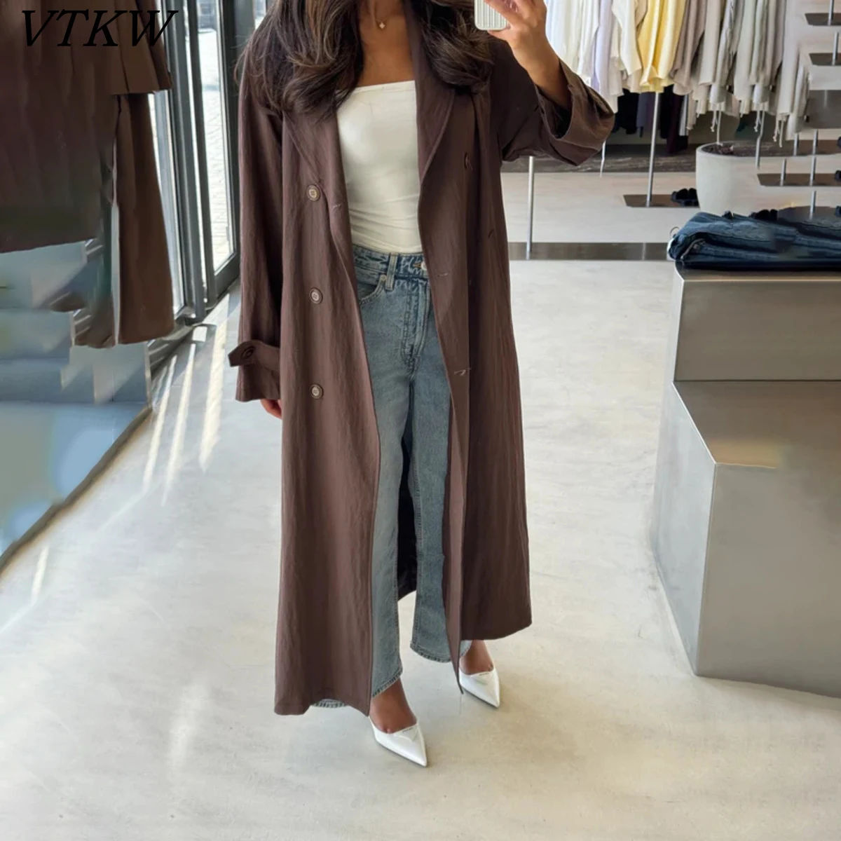 

VTKW 2025 Новый женский двубортный длинный плащ с поясом, элегантный, высокого качества, удобный, весенне-осенний, модный