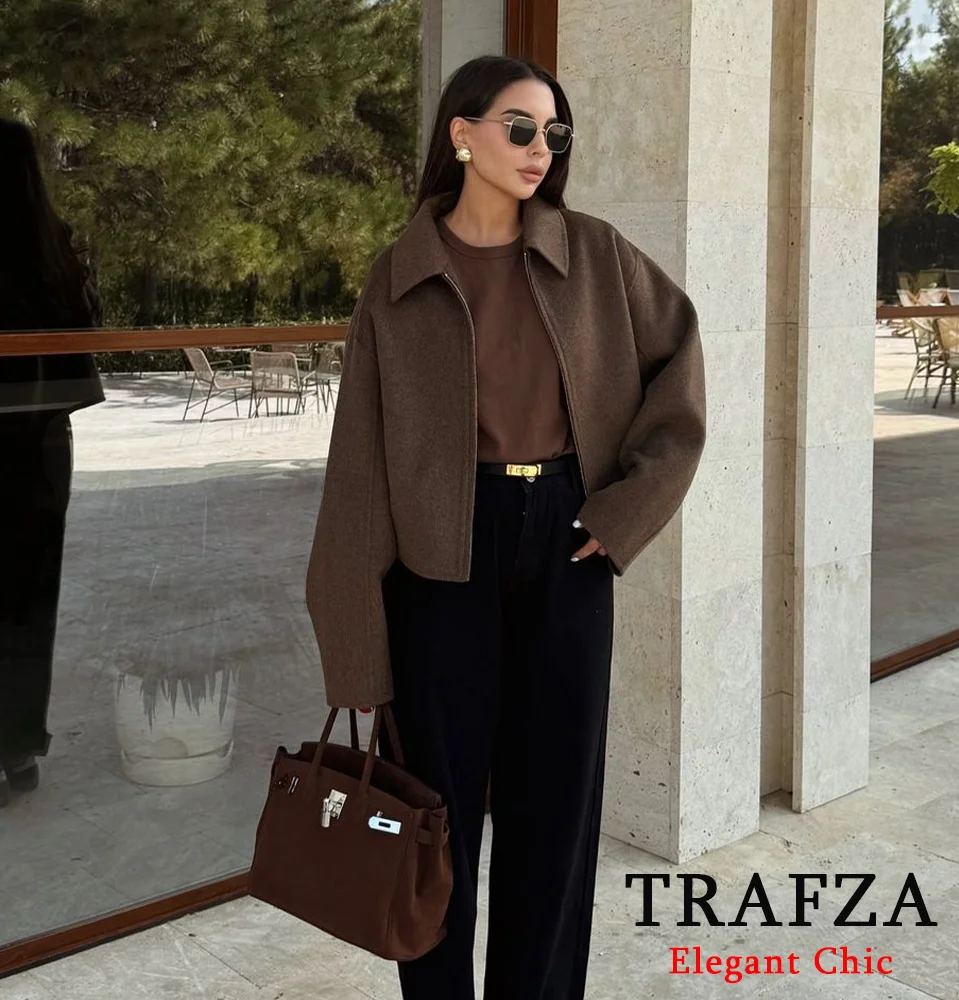 TRAFZA-Women Fashion Zipper Jacket Vintage Brown Lapel Pocket Jacket New 2024 Autumn Fall Casual Vintage High Street Jacket