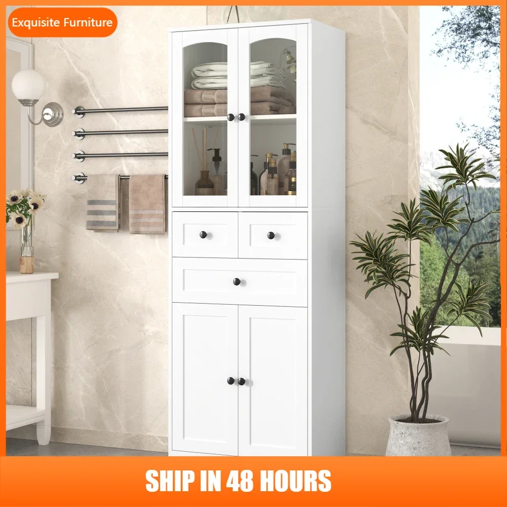 

Tall Bathroom Storage Cabinet, Cabinet with Four Doors and Drawers, Adjustable Shelf, MDF Board, White