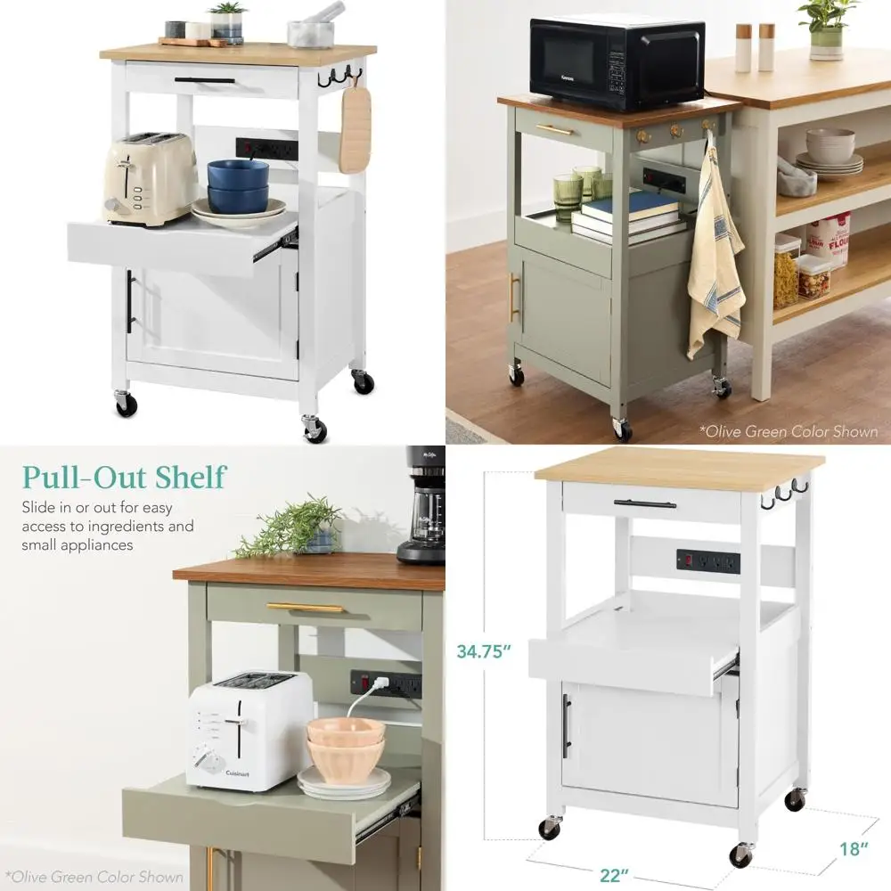 Rolling Kitchen Island with Rubberwood Top and Butcher Block Surface for Storage