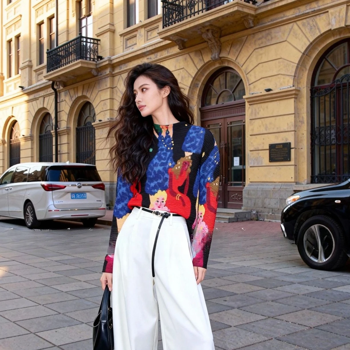 

Miyake Folds 2025 Fall and Winter New Cartoon Design Sense Half-high Neck Blouse Pleated Slim Thin Bottoming Shirt Female Pleats