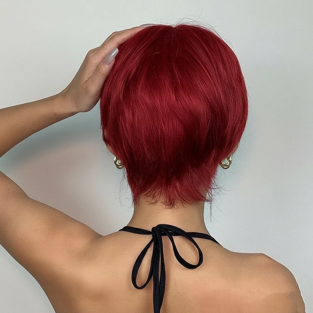 اللون الأحمر قصيرة عابث قطع شعر مستعار شعر طبيعي مفرود الباروكات مع الانفجارات قبل قطعها للنساء كامل آلة صنع قبعة شعر مستعار برازيلي