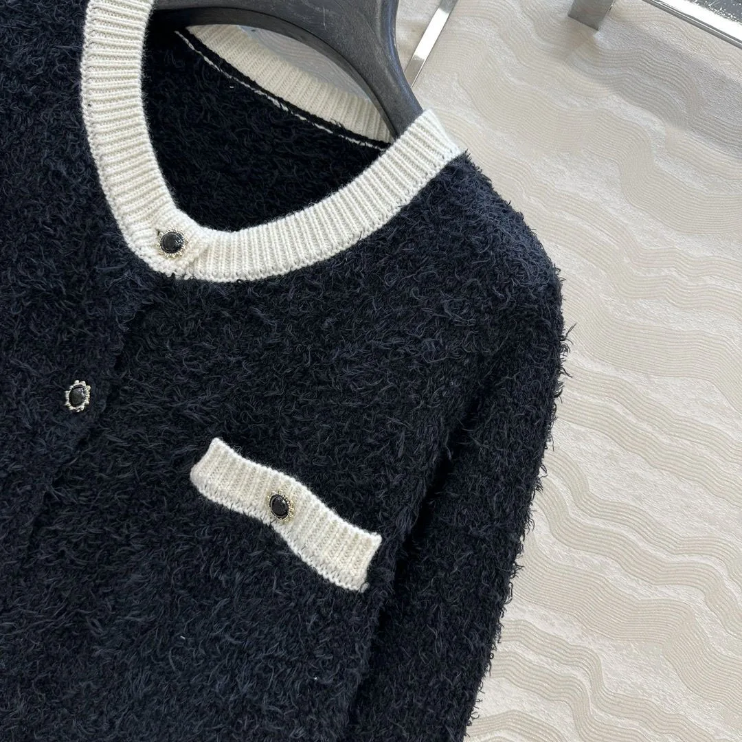 New Autumn Winter Cute Mohair Wool Blends Knitted Cardigans Stripes Patchwork O-neck Long Sleeve Pockets Vintage Sweet Sweater