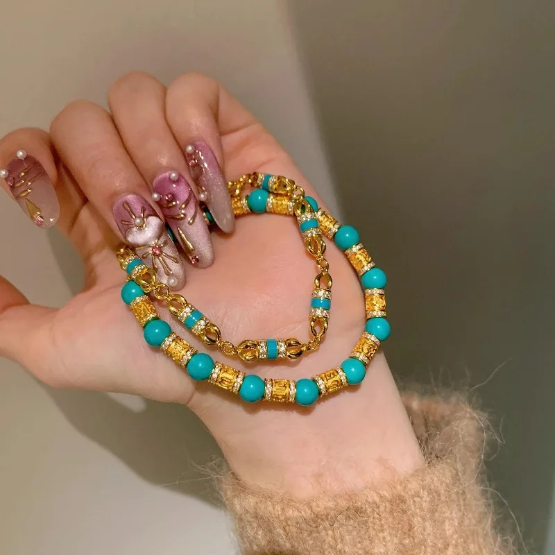 

Turquoise Six-Syllable Mantra Bracelet – Vajra Design for Harmonizing Heart Chakra & Attracting Peaceful Energy