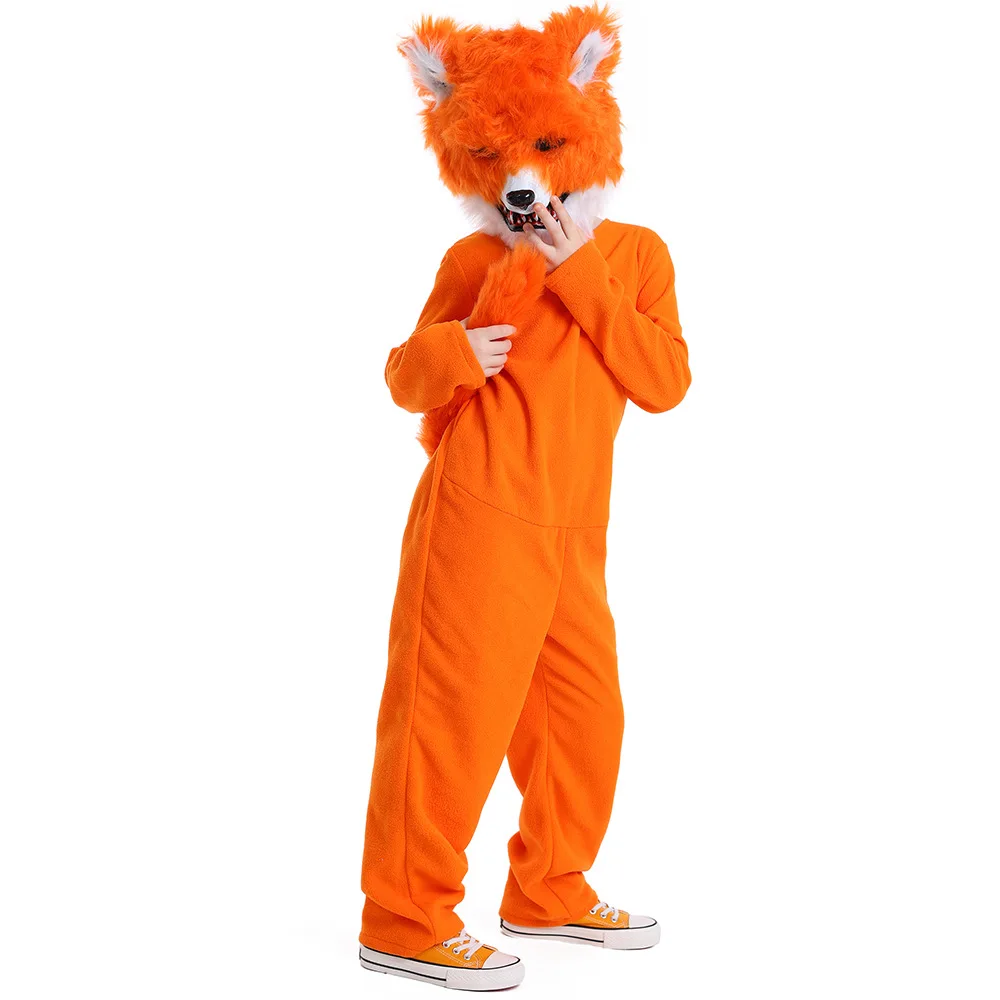 Kid Animal Cosplay Jumpsuit Headgear 2Pcs Set Orange Fox Long Bodysuit Plush Mask Halloween Cos Costumes Unisex Carnival Props