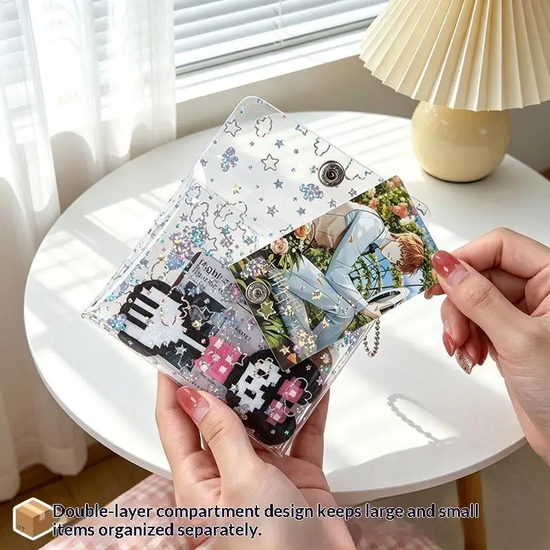 Klare PVC-Kartenhülle mit Stern-Glitzer, Mini-Geldbörse mit Schnappverschluss, Perlenkette, Schlüsselanhänger für Ausweiskarten, Tägliche Aufbewahrung, Geschenk – Detail 2
