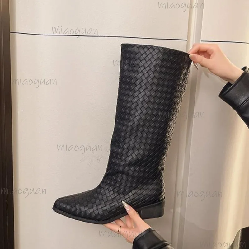 

Women's Black Woven Knee High Long Boots Pointed Toe Block Heel Slouch Boots Leather Street Style Botas Mujer Size 35-40 Сапоги