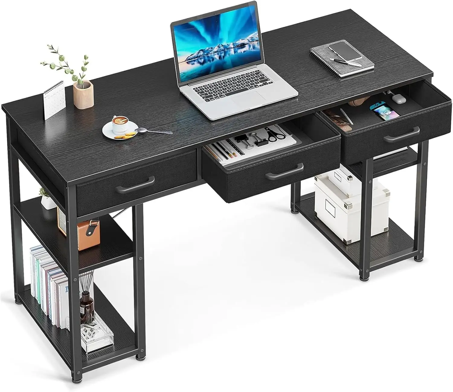 

Office Small Computer Desk: Home Table with Fabric Drawers & Storage Shelves, Modern Writing Desk, Black, 48"x16"