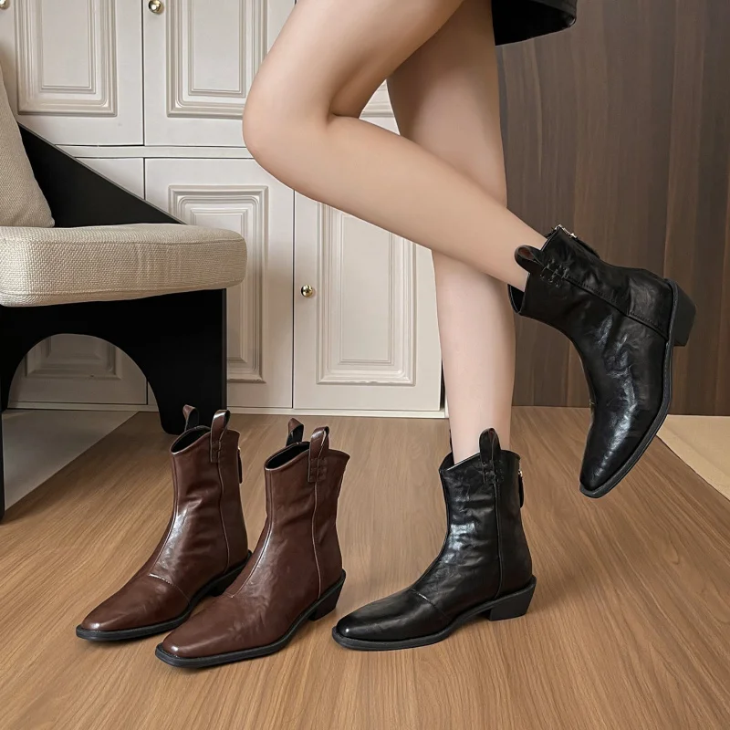 

2025Autumn and Winter New Pointed ToeVVintage Western Cowboy Boots Chunky Heel Boots Women's Short Boots Slim Boots