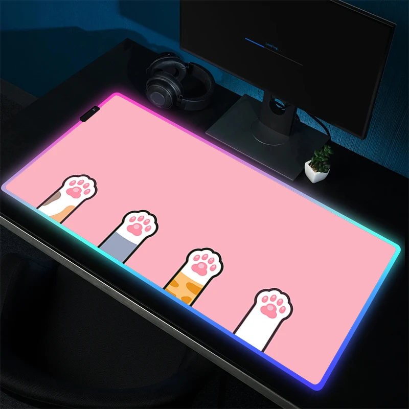 Большой игровой коврик для мыши Kawaii Cat Paw коврик для мыши RGB резиновый коврик для мыши геймерский нескользящий Настольный коврик с рисунком светодиодный HD Коврик для игрового стола