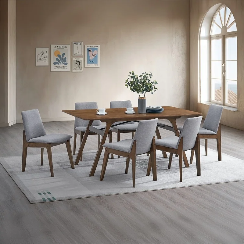 Walnut Finish Dining Chairs Set of 2, Gray Fabric Upholstered Seat and Back, Wooden Kitchen Casual Furniture view 7