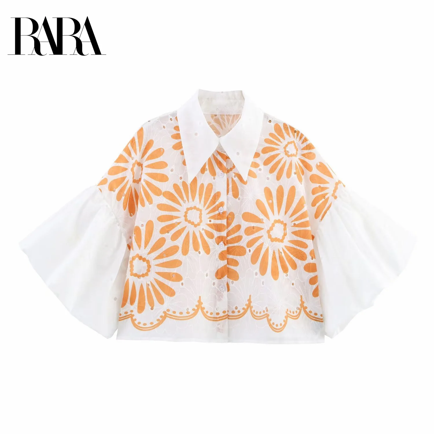 

RARA2025 new summer women's clothing loose casual temperament simple fashion printed lapel hollow embroidery shirt