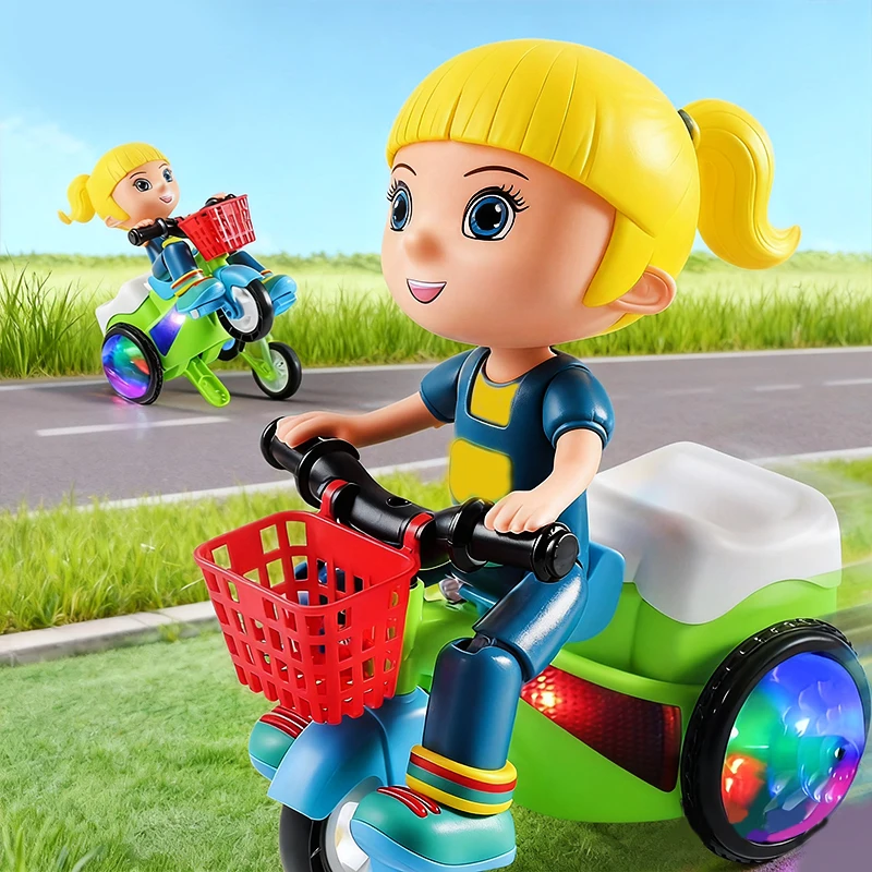 Triciclos de juguete eléctrico de cabeza grande para niñas, coche giratorio acrobático, regalo de vacaciones para niños, juguete para montar genial