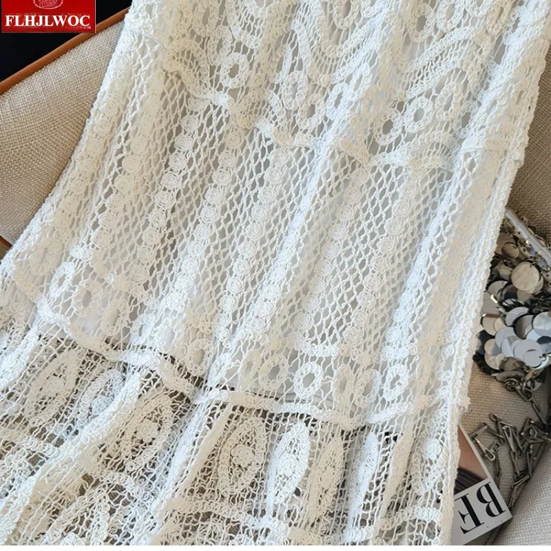 

Bohemian Style Hollow Out Skirts Mori Girls Retro Vintage Beautiful Crochet Flower Romantic Honeymoon Holiday Long Maxi Skirt