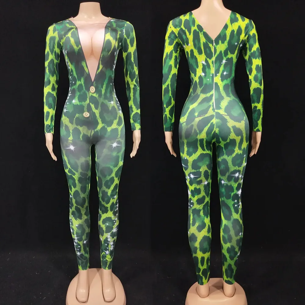 

Green Printing Leopard Tight Jumpsuit Women Halloween Party Cosplay Costume Women Dancer Singer Nightclub Show Stage Costume