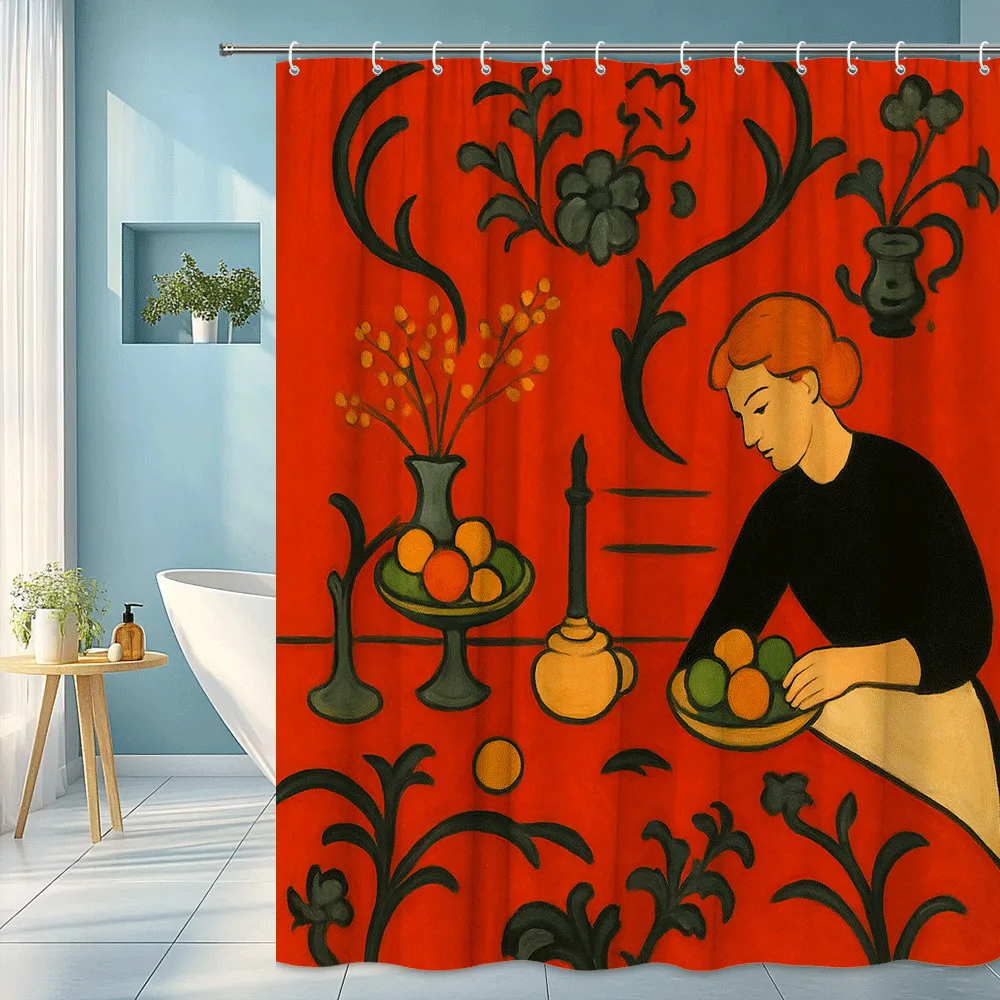 

Retro Artistic Shower Curtain Red Background Woman with Fruit Still Life Design Waterproof Easy to Install non-toxic material