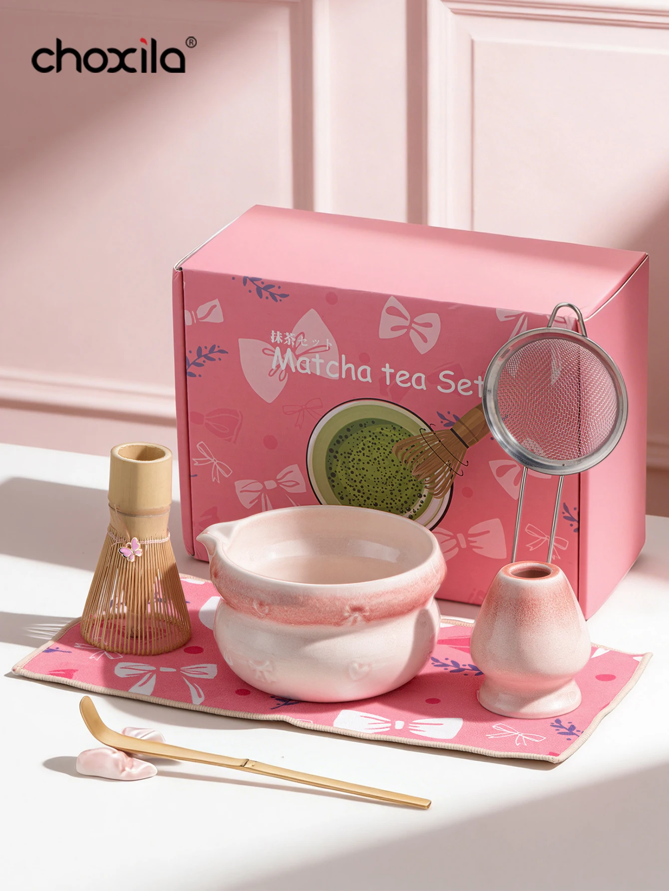 Juego de Té Matcha de 7 Piezas con Lazo Rosa, Tazón de Matcha Esmaltado, Batidor de Matcha (Chasen) Estilo Japonés y Boquilla para Verter, Tradicional
