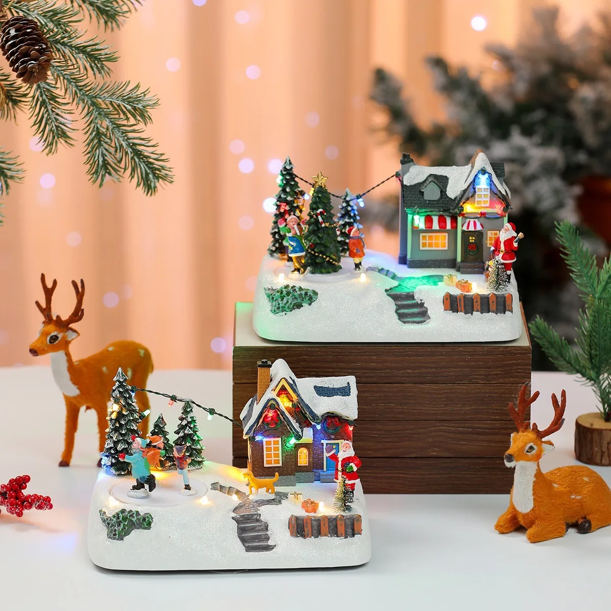 Rotating Santa Figurine LED Light Christmas Music Box European Desktop Ornament Christmas Home Decoration Gift  Night Light