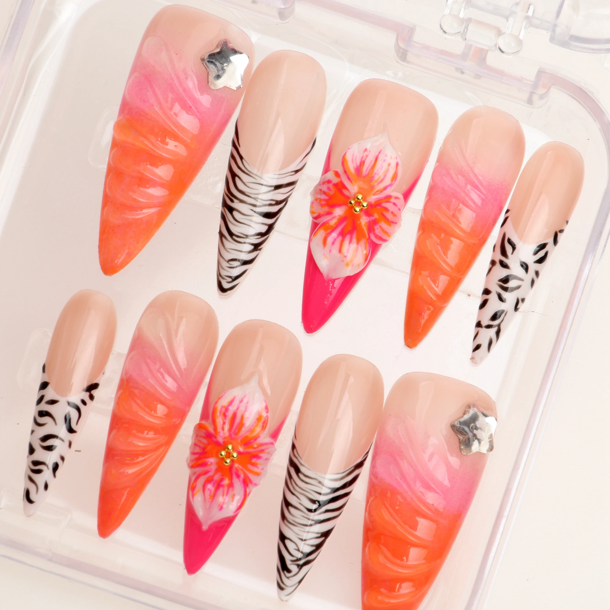 10Pcs Handmade y2k Unique 3D beautiful Leopard print Flower Press On Nail Faux Acrylic Nails Design with Adhesive Nail File Set