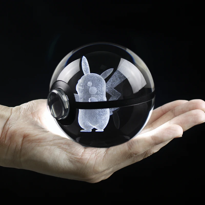 Hot sale 8cm pikachu pokemon crystal ball 3D laser engraving glass ball sphere pokemon go model Game collectible toys gift