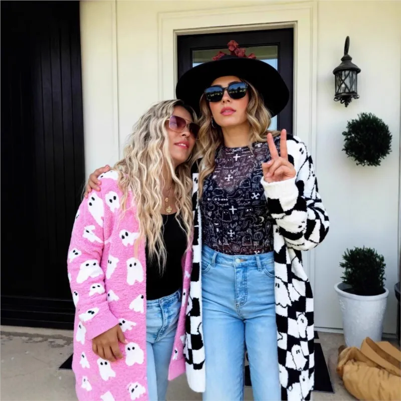 ハロウィンクリスマスゴーストパターンニットカーディガン女性の秋冬の新ファッション長袖ルーズセータージャケット女性のための