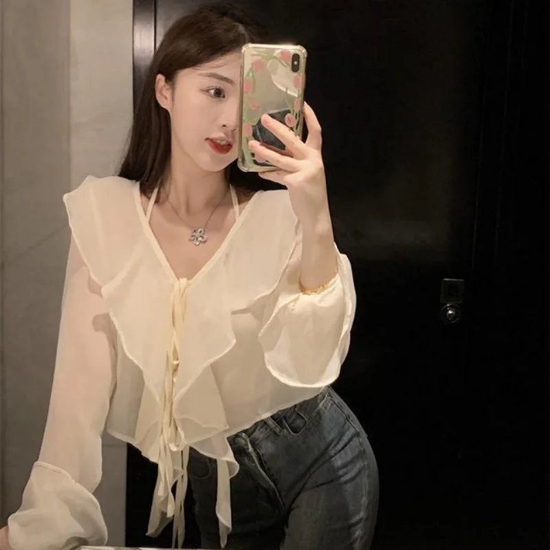 Cropped Jackets Women Ruffles Sweet Temperament Summer Sun-proof Flare Sleeve Fashion Lace Up Design French Style Loose Simple