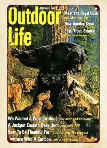 office wall decor 1967 Outdoor Life bear hunting dogs metal tin sign sign