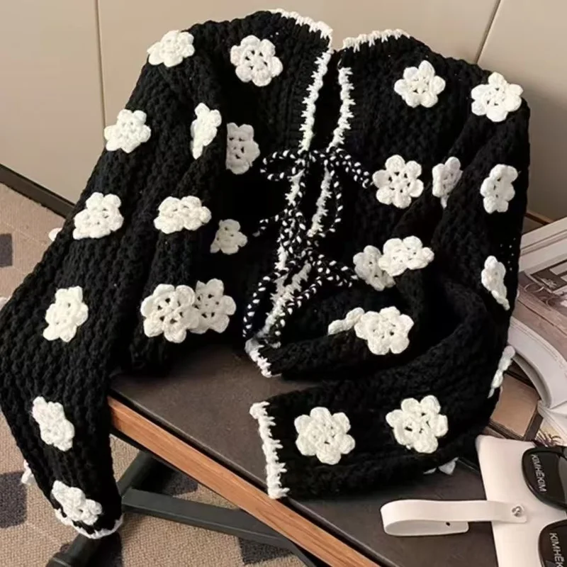 

Hollow Out Knitted Cardigan Elegant Three Dimensional Hook Flower Tie Sweater Top Korean Fashion Clothes Femme