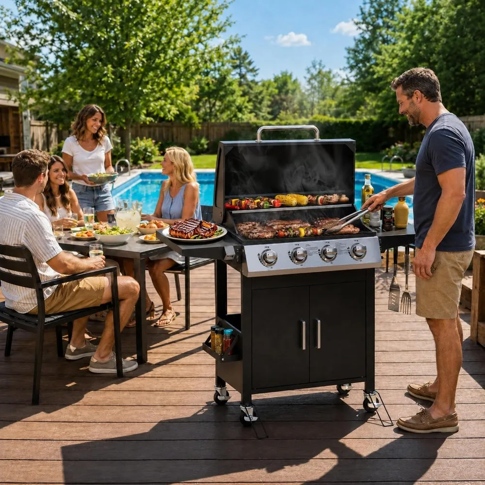 

4 Burner Propane Gas BBQ Grill with Wheels, 40,000 BTU Output Stainless Steel Barbecue Grill, Customized