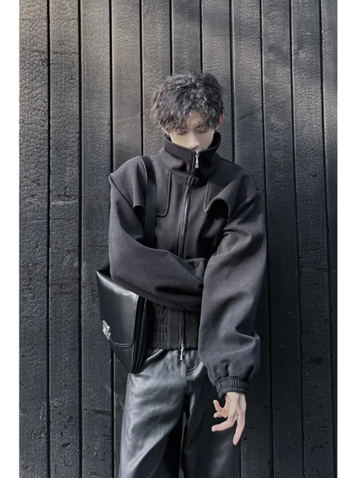 

Cleanfit American Style Short Flight Jacket Black Cotton Men's Trendy High-End Feeling Autumn Winter Half High Collar Basebal...
