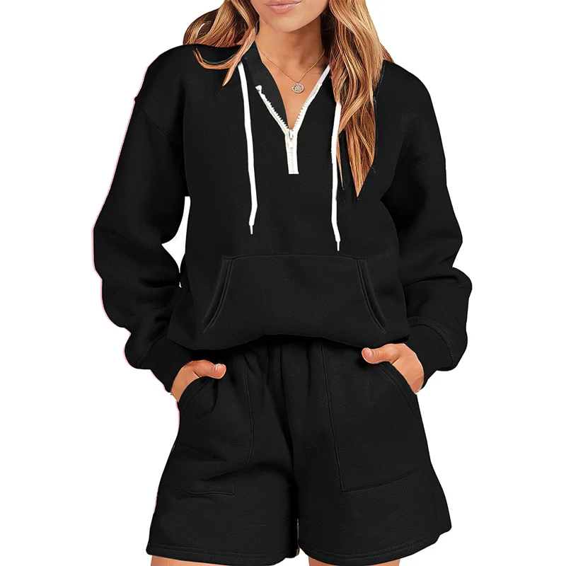 

Women Sports Suits Autumn New Hoodie Solid Color Zipper Half Open Hooded Sweatshirt Double Pockets Shorts Thicken Two-piece Sets