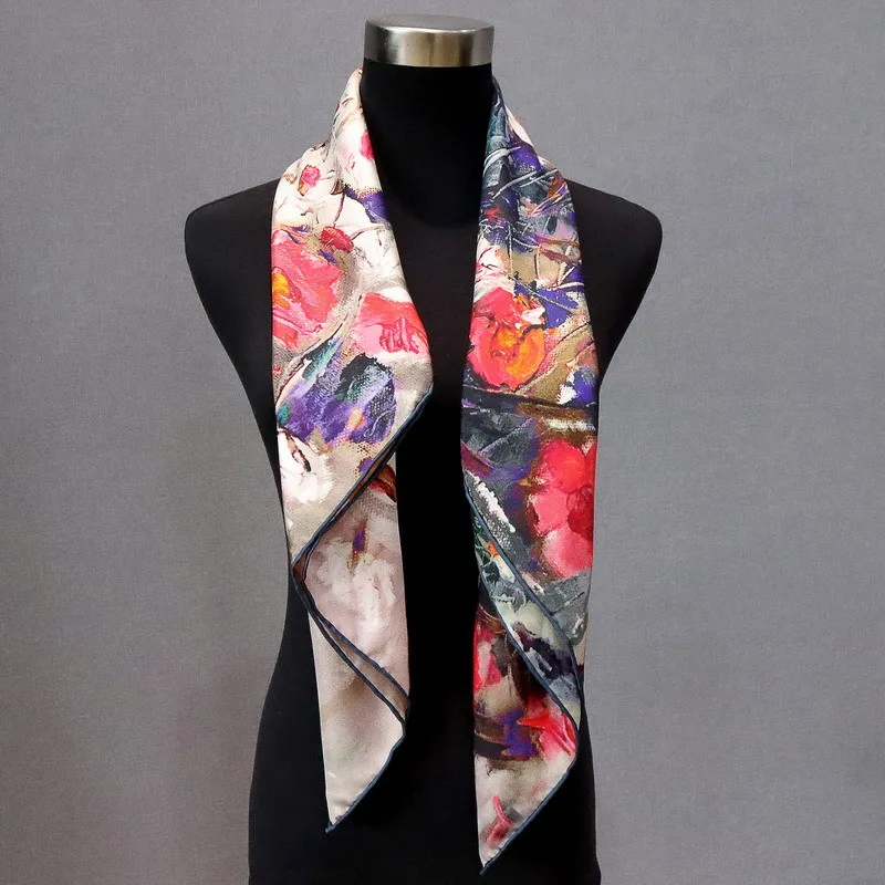 Floral 100% Silk Head Scarves Hijab for Hair Wrapping Womens Fashion Elegant Silk Neckerchief Shawl 90 Silk Bandana Scarf Wraps