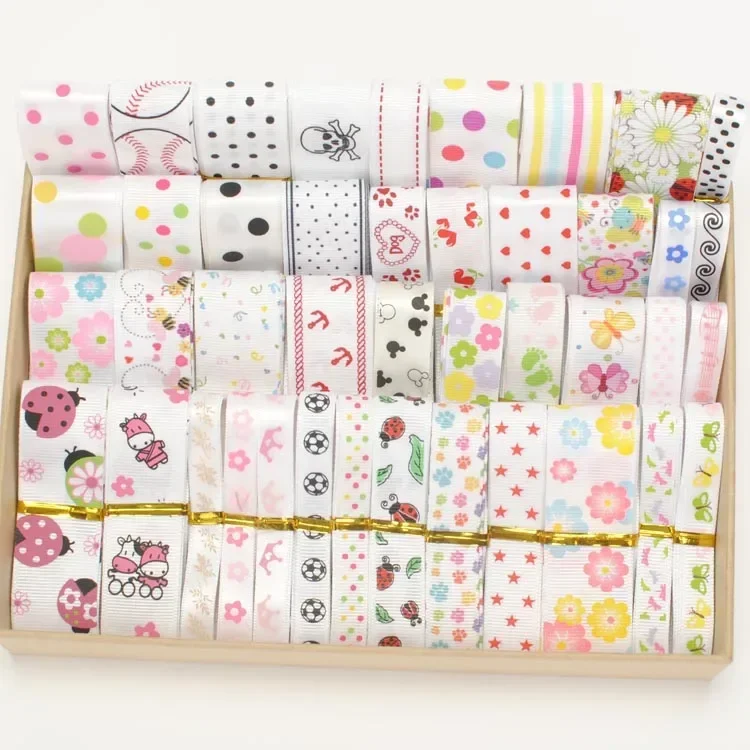 Spring Colorful 12yards Random Set Mixed By Color Green Purple Pink Blue Series Printed Grosgrain/Satin Ribbon,each Is 1 Yard